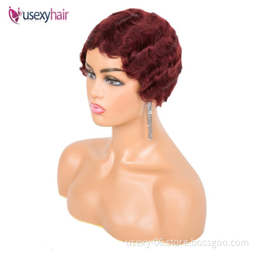 Wholesale Short Finger Wave Curly Wigs For Black Women Machine Made None Lace Pixie Cut Human Hair Wig